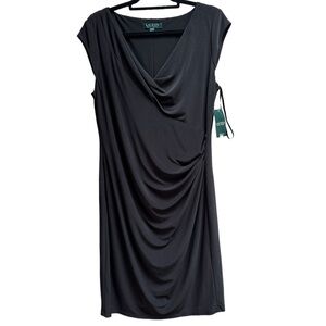 Ralph Lauren Size 14 Black Dress Stretchy Pleated Draped Curves Curve Timeless